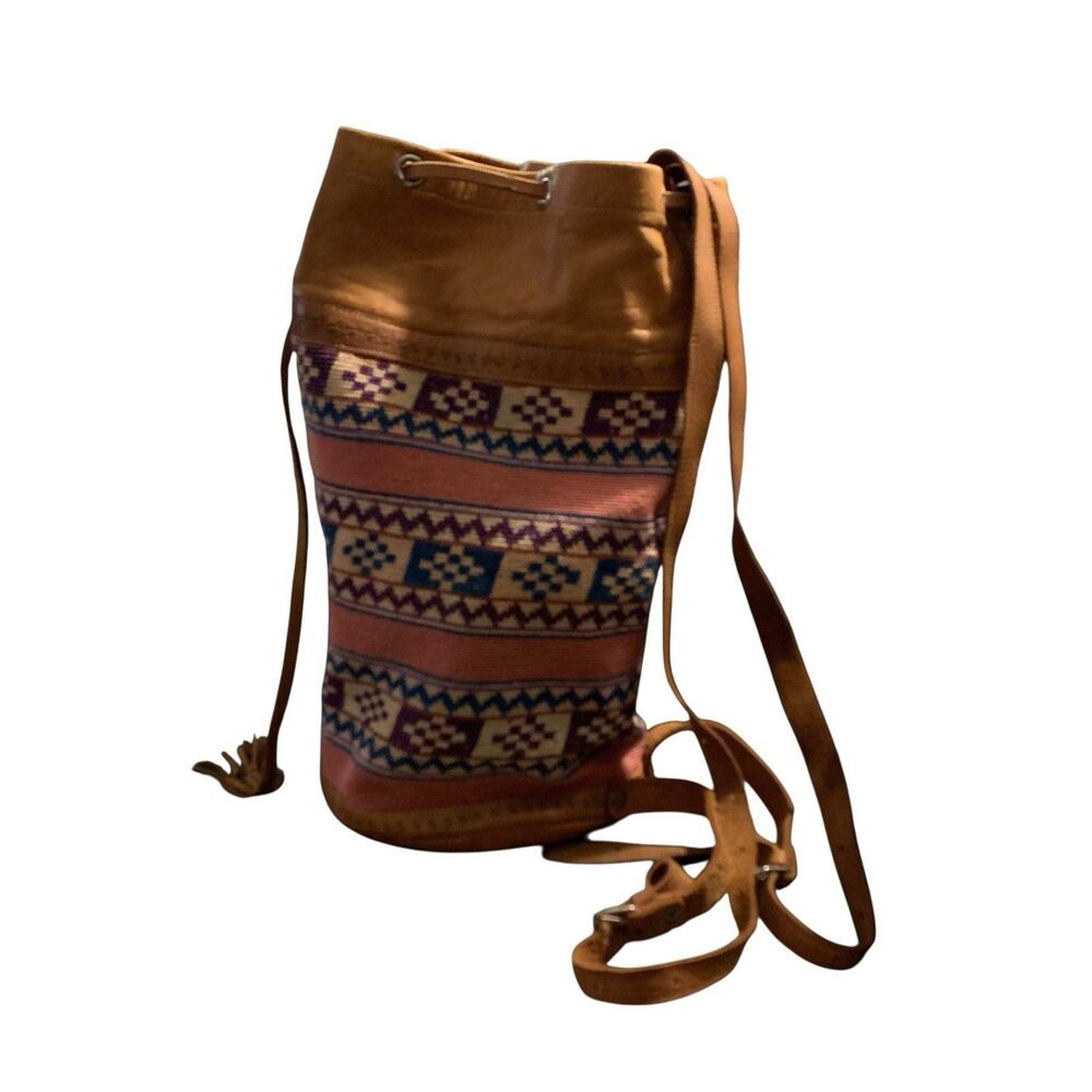 Vintage Leather Wool Kilim Drawstring Backpack Large Multi-Color Tooled Bag Boho - Picture 5 of 15